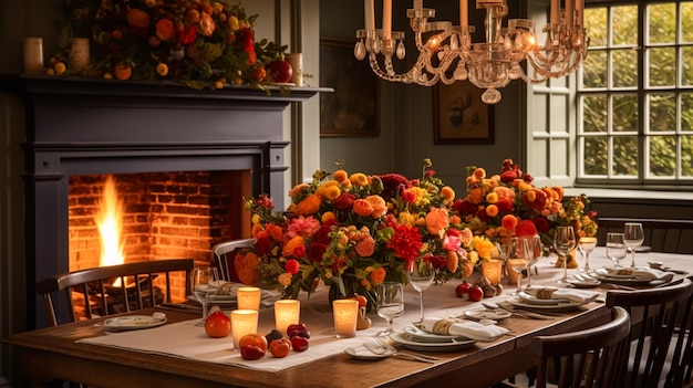 Decorazione della sala da pranzo interior design e celebrazione delle vacanze autunnali decorazione elegante della tavola autunnale con candele e fiori decorazione della casa e stile cottage di campagna