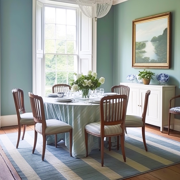 Decorazione della sala da pranzo interior design e miglioramento della casa tavolo elegante con sedie mobili e classica decorazione della casa blu stile cottage di campagna