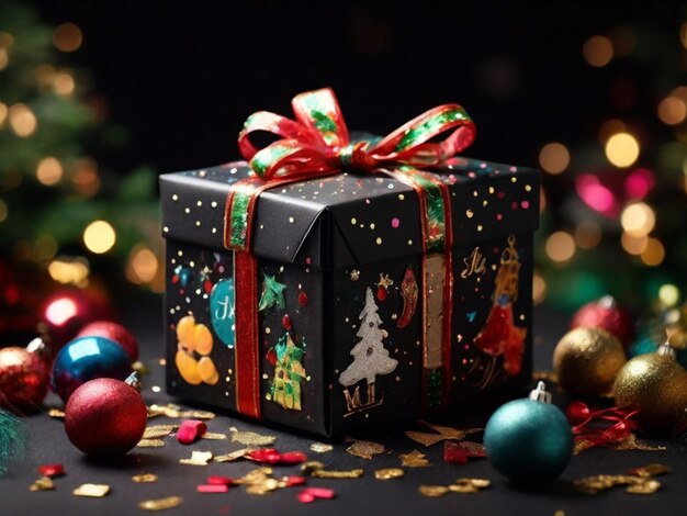 Decorazione della scatola regalo di Natale piena di colori vivaci sfondo nero e luci scintillanti