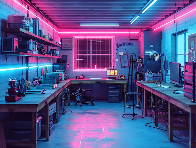 Decorazione della stanza ridefinita abbraccia colori neon vibranti e design d'interno cyberpunk futuristico