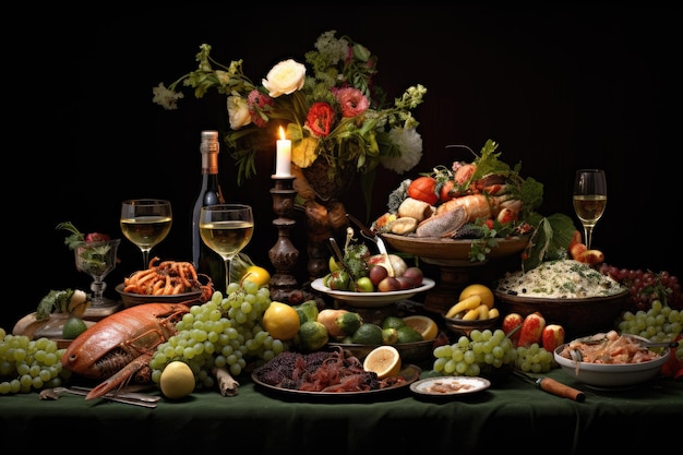 Decorazione della tavola da pranzo con cibo di verità Cibo festivo delizioso sulla tavola da cena generato dall'AI