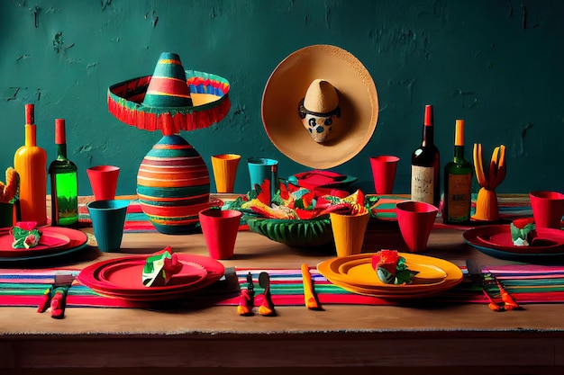 Decorazione della tavola della festa messicana con colorato corridore messicano Generative Ai