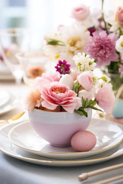 decorazione della tavola di Pasqua in stile bellissimo con un pezzo centrale floreale