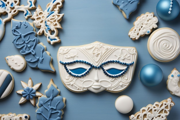 Decorazione di felice carnevale di Purim con maschera e pasticcini su sfondo blu