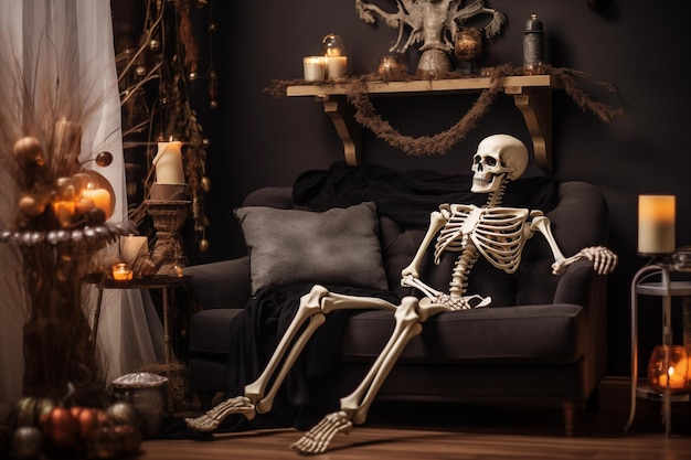 Decorazione di Halloween con uno scheletro posato in modo inquietante AI generativa