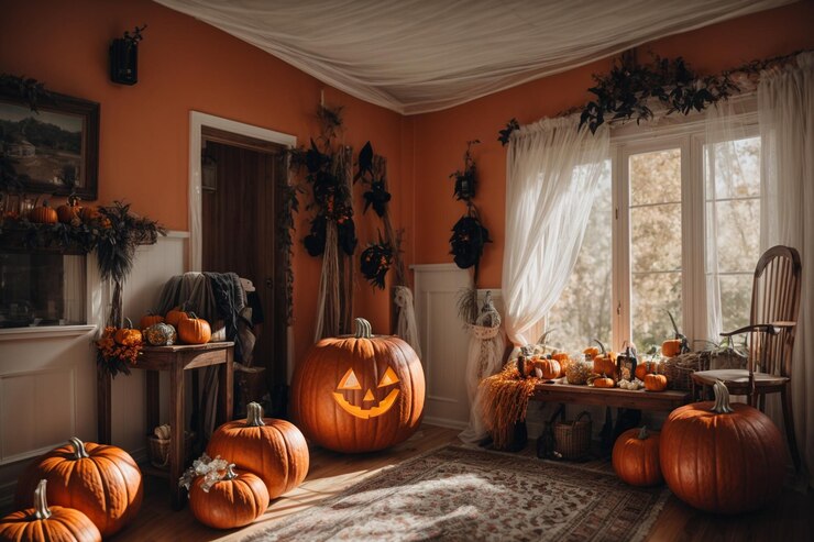 Decorazione di Halloween con zucche e candele nel soggiorno di casa