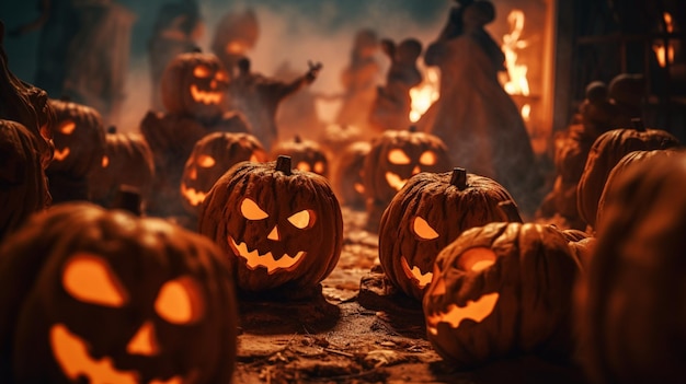 Decorazione di Halloween con zucche in fiamme all'esterno di una casa misteriosa e horror. IA generativa