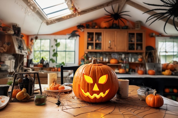 Decorazione di Halloween in una casa con zucche su un tavolo di legno