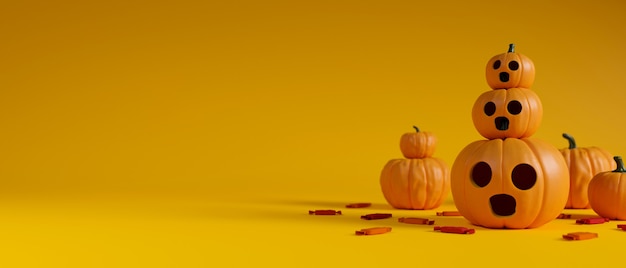 Decorazione di Halloween pila di lampade di zucca decorate su sfondo giallo 3D rendering 3D illustration