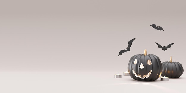 Decorazione di Halloween su sfondo grigio Spazio di copia gratuito per il testo o il logo Banner di Halloween mock up modello di progettazione per la pubblicità Rendering 3D di candele pipistrello zucca nera