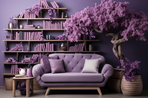 decorazione di interni di scaffali con idee di ispirazione a tema viola viola