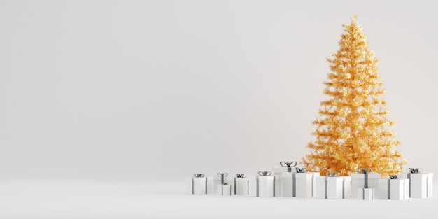 Decorazione di inverno dell&#39;albero di Natale con scatole regalo in sfondo bianco