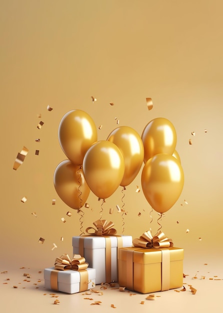 Decorazione di lusso palloncini dorati confezione regalo coriandoli copia spazio sfondo IA generativa
