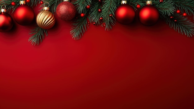 Decorazione di Natale con rami di abete e palline su sfondo rosso