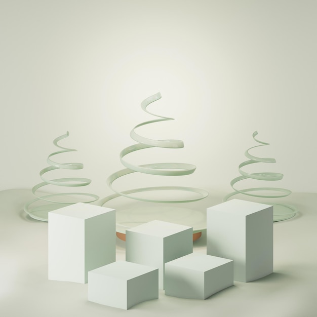 Decorazione di Natale con regali e podio di pini Fondo blu pastello bianco 3D render