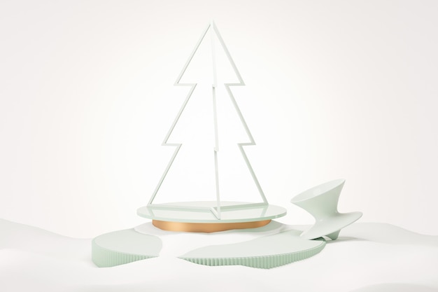 Decorazione di Natale con regali e podio di pini Fondo blu pastello bianco 3D render
