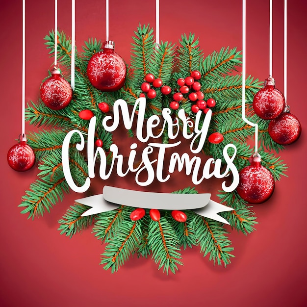 Decorazione di Natale disegno di sfondo testo di buon Natale con decorazioni di palline appese su sfondo rosso