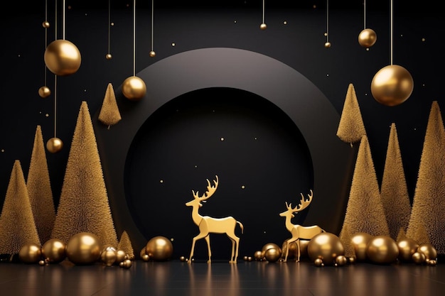 decorazione di Natale nera con cervo albero di Natale e alberi di Natale nello stile dell'oro