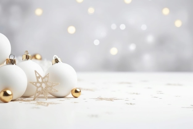 Decorazione di palline di Natale bianco su sfondo sfocato Biglietto di auguri di Capodanno AI generato