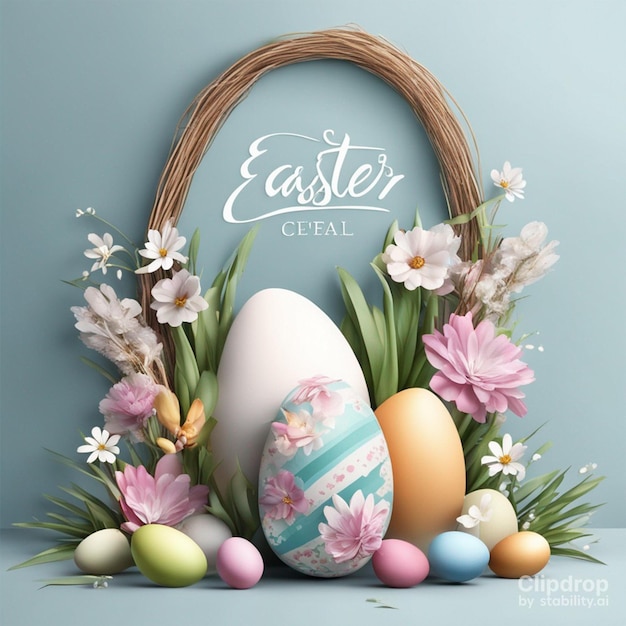 Decorazione di Pasqua Composizione di Pasqua con uova colorate e fiori su sfondo bianco