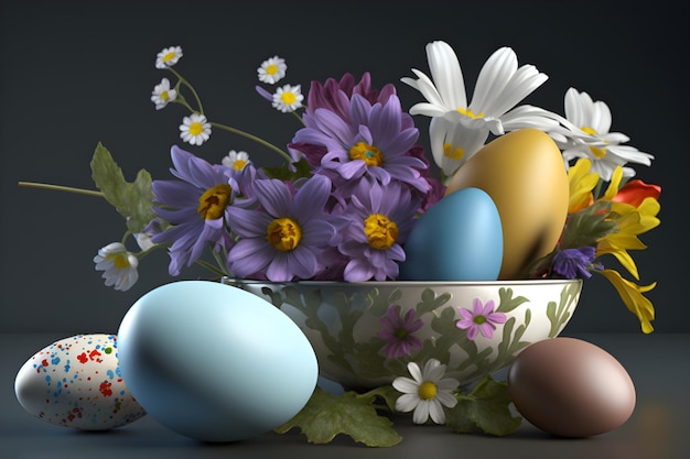 Decorazione di Pasqua Composizione di Pasqua con uova colorate e fiori su sfondo scuro IA generativa