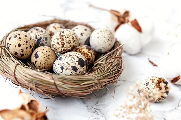 Decorazione di Pasqua con uovo nel nido e cotone su sfondo bianco marmo