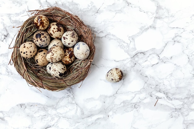 Decorazione di Pasqua con uovo nel nido su sfondo bianco marmo