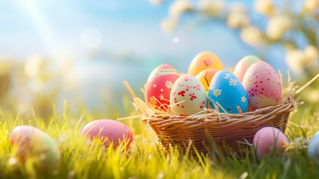 Decorazione di Pasqua primaverile Bellissimo striscione di Pasqua naturale con spazio di copia Uova colorate in un cesto