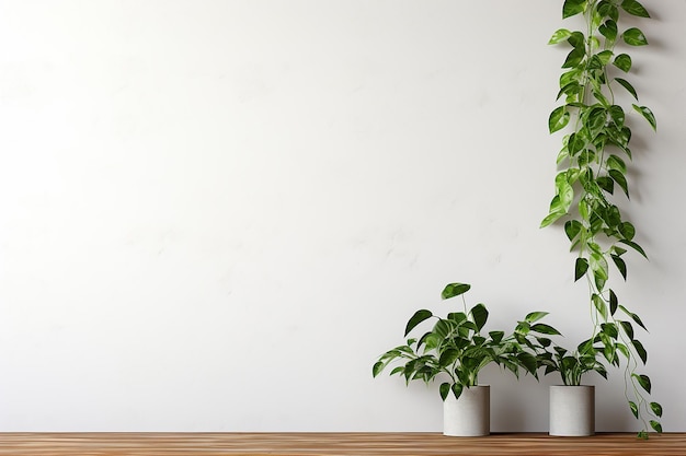 Decorazione di piante Pothos appese al coperto con spazio su sfondo estetico muro bianco