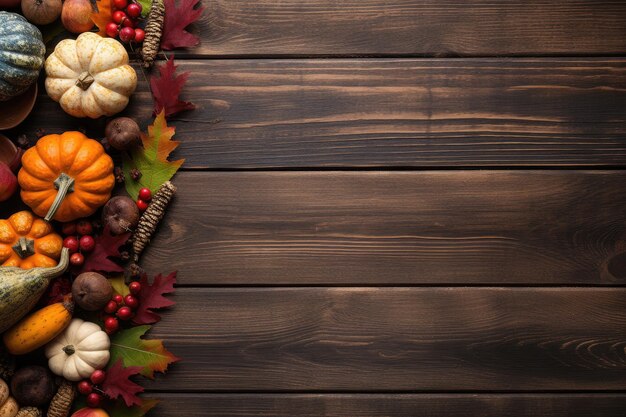 Decorazione di sfondo autunnale a partire da foglie secche e zucca su sfondo di legno scuro