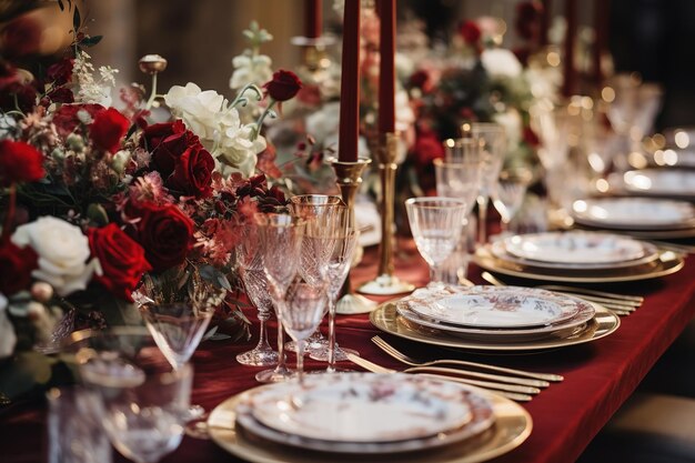 Decorazione di tavolo natalizio o nuziale con decorazione festiva per la festa colore rosso e oro ristorazione per le vacanze