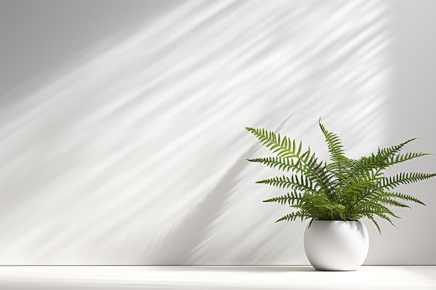 Decorazione di una piccola pianta di felce di Boston in vaso sul muro bianco in una giornata luminosa