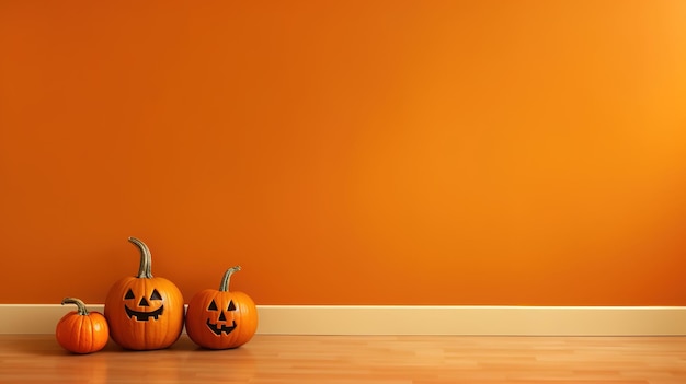 Decorazione di zucca di Halloween con sfondo arancione e spazio di copia ai generato