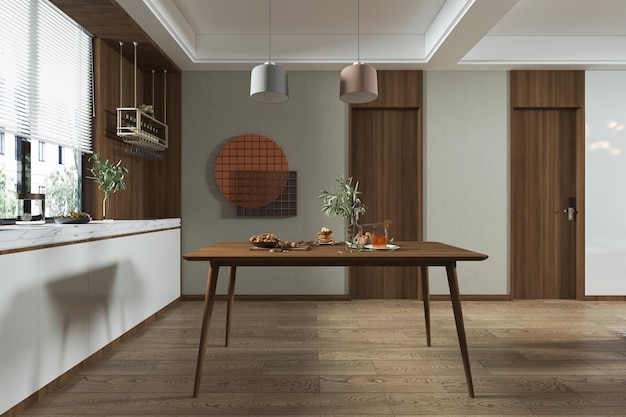 Decorazione domestica minimalista con tavolo in legno e idee interne per pavimenti per una vita intelligente