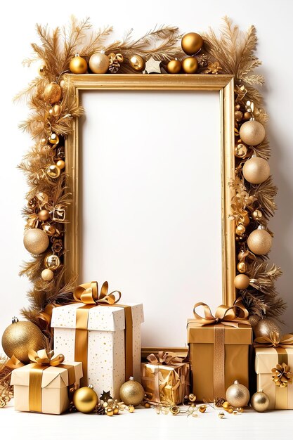 Decorazione dorata albero di Natale e scatole regalo su sfondo bianco Cartella di auguri per Natale