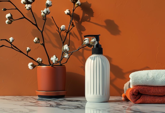Decorazione elegante del bagno con accenti arancioni asciugamano dispensatore di sapone e fiori decorativi