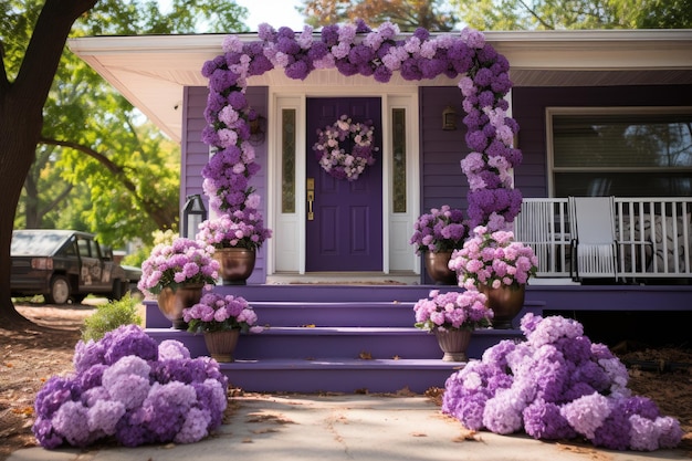 Decorazione esterna della porta d'ingresso con idee ispiratrici a tema viola viola