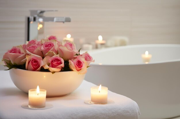 Decorazione estetica del bagno Rose e tranquillità alla luce delle candele