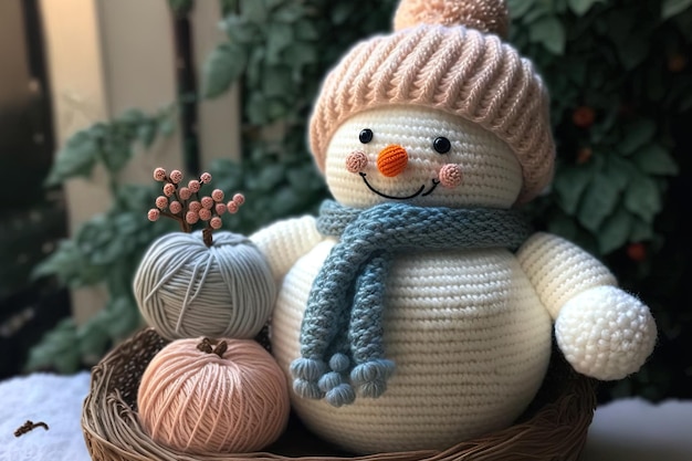 Decorazione festiva del pupazzo di neve lavorata a maglia e regalo di capodanno amigurumi un giocattolo all'uncinetto