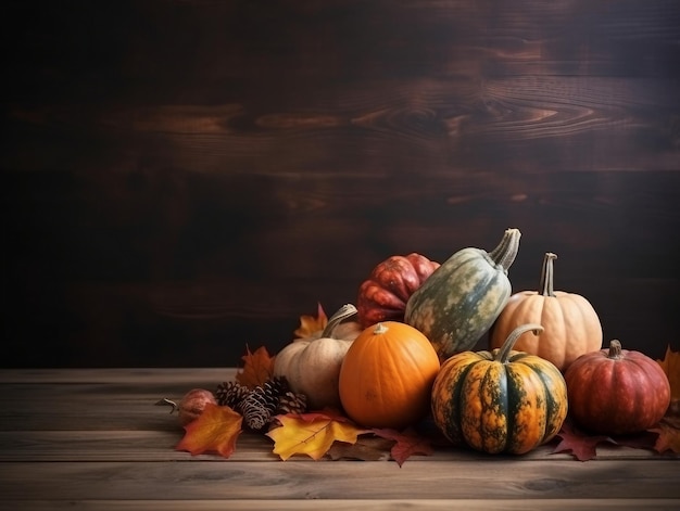 Decorazione festiva del ringraziamento di bacche e foglie di zucche su uno sfondo di legno con spazio per la copia
