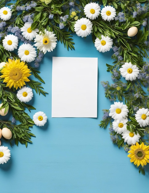 decorazione festiva di pasqua su sfondo blu vista dall'alto