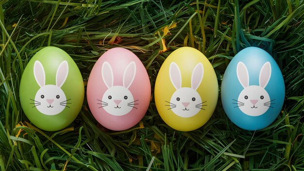 decorazione festiva uova di Pasqua colorate adornate con carine facce di conigli