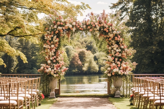 Decorazione floreale del corridoio nuziale e cerimonia nuziale fiori autunnali e decorazione nel giardino di campagna inglese idea in stile country autunnale