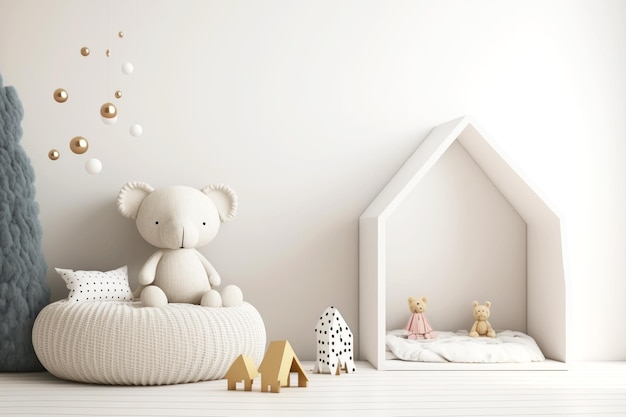 Decorazione interna bianca della stanza dei bambini con casa contro il muro