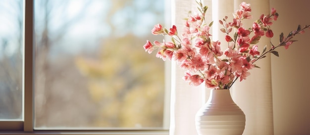 Decorazione interna elegante con un vaso di bellissimi fiori vicino a una finestra vuota