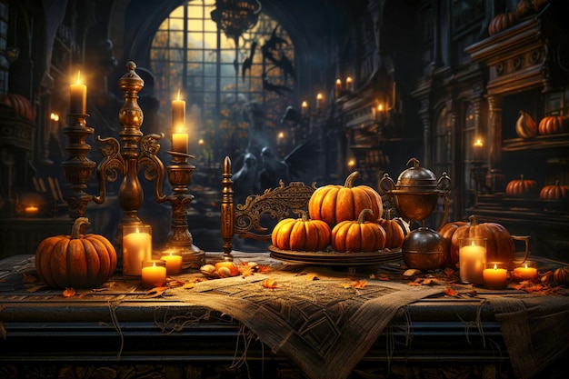 Decorazione interna vintage per la celebrazione di Halloween Atmosfera cupa e spaventosa