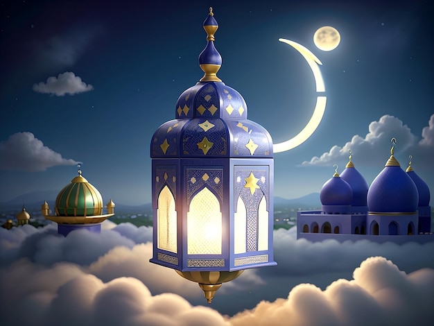Decorazione islamica moschea mezzaluna e nuvole su uno sfondo blu giallo chiaro