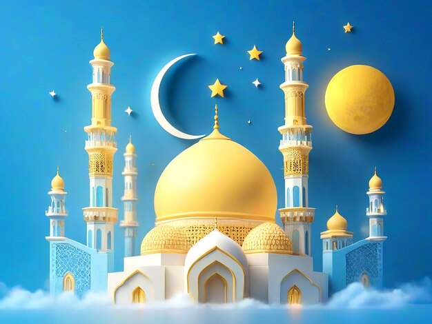 Decorazione islamica moschea mezzaluna e nuvole su uno sfondo blu giallo chiaro