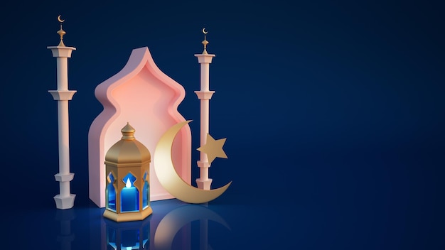 Decorazione islamica per il Ramadan con lanterna e moschea su sfondo viola d rendering