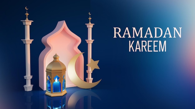 Decorazione islamica per il Ramadan con lanterna e moschea su sfondo viola d rendering